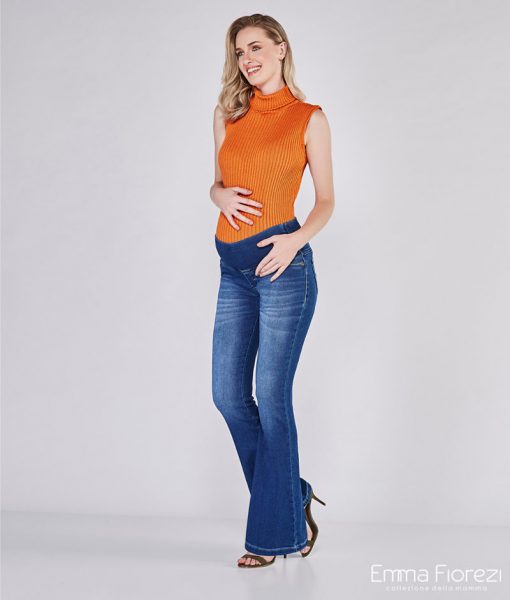 calça flare jeans azul escuro