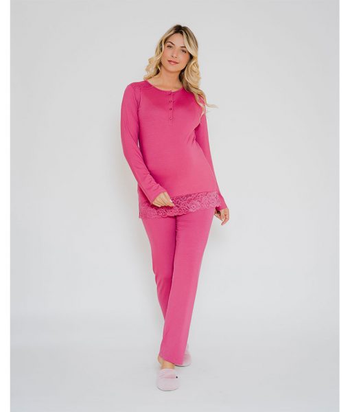 Pijama com abertura amamentação e renda rosa