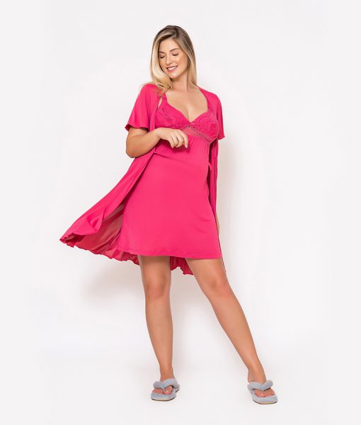 Conjunto camisola e robe com renda pink