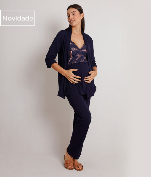 Pijama Maternidade 3 Peças Marinho com Renda Bicolor