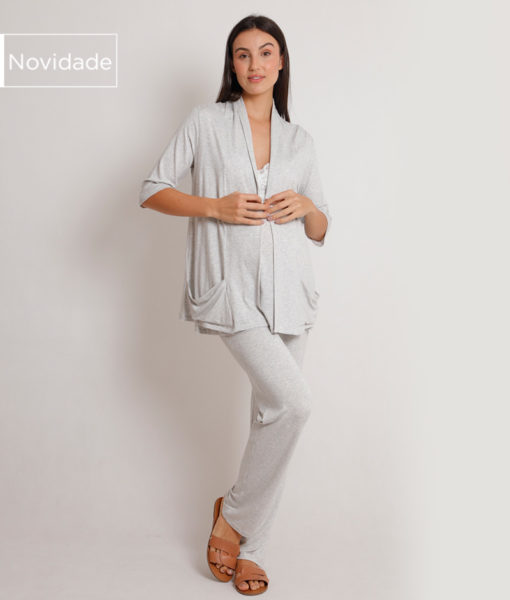 Pijama Maternidade 3 Peças Mescla Claro com Renda Branca