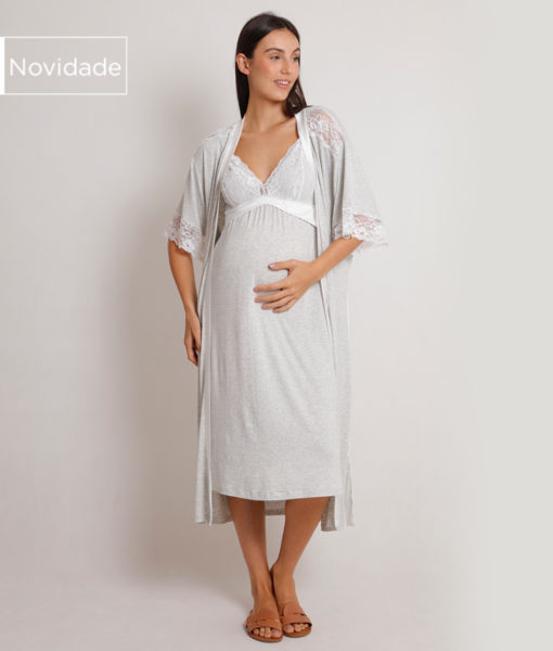 Robe Maternidade Midi Mescla Claro com Renda Branca
